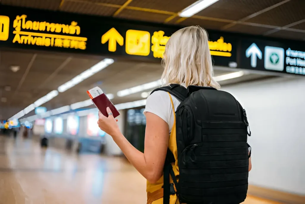 A woman arriving at Bangkok Airport and navigating the terminal.